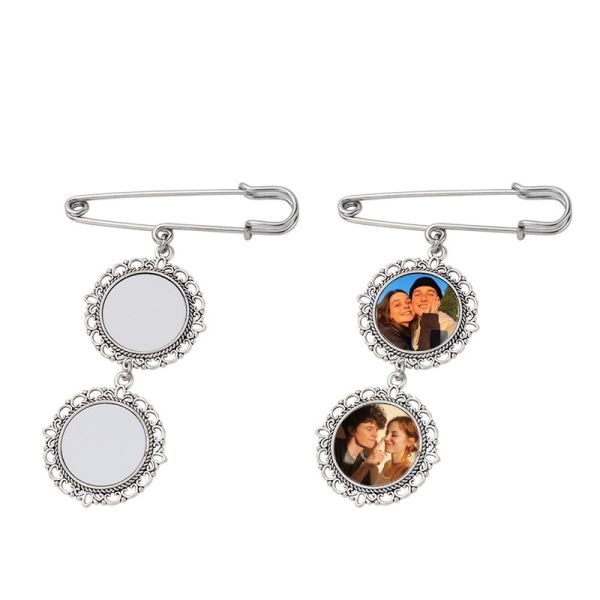 Broches redondas de plata en blanco Sublimación Broches de alfiler colgante regalo para la boda