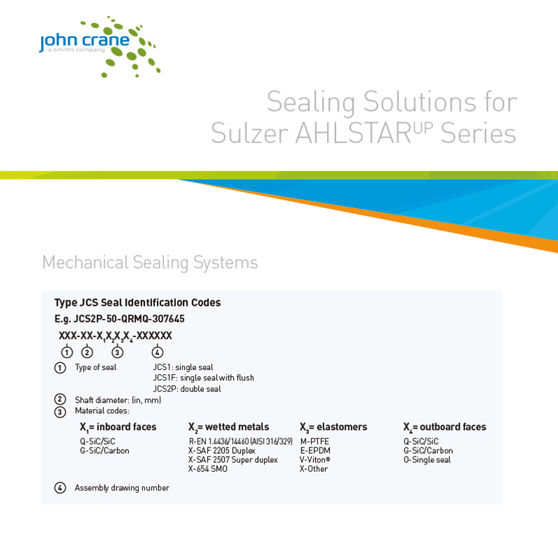 John Crane Type JCS1 Single Cartridge Mechanical Seal for Sulzer AHLSTARUP Pumps