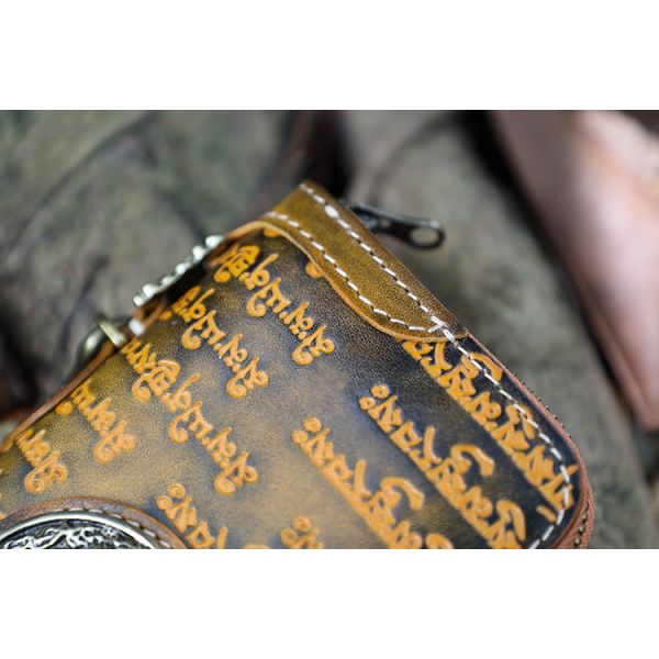 National Style Tibetan Scripture Men And Women'S Genuine Leather Wallet Zipper Clutch Bag Nine-Square Grid Accessories Wallet Mobile Phone Bag Wholesale
