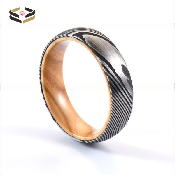 Anneaux de mariage d'acier de Damas, manches en bois d'olivier, incrustées, 6 mm, 8 mm, cadeau de Noël