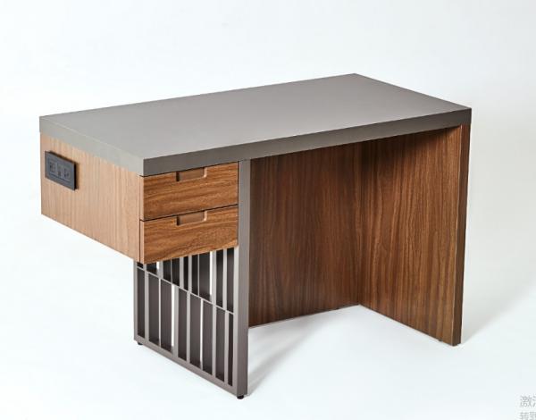 Luxury HPL Laminate Metal Frame Hotel Writing Desk With 2 Drawers And Power