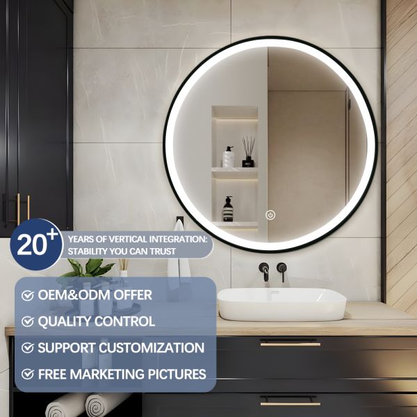 Minimalist Black Circular LED Framed Mirror Decorative Large Backlit Vanity Mirrors