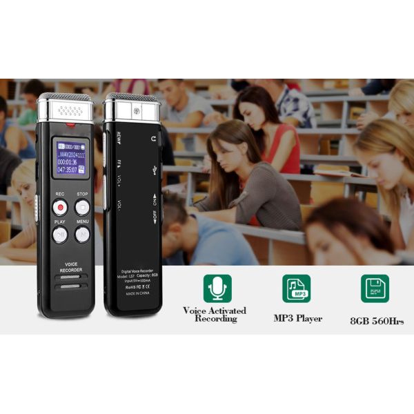 8GB Digital Audio Voice Sound Activated Recorder Dictaphone with MP3 Player / Auto Saving File Every 5 Seconds