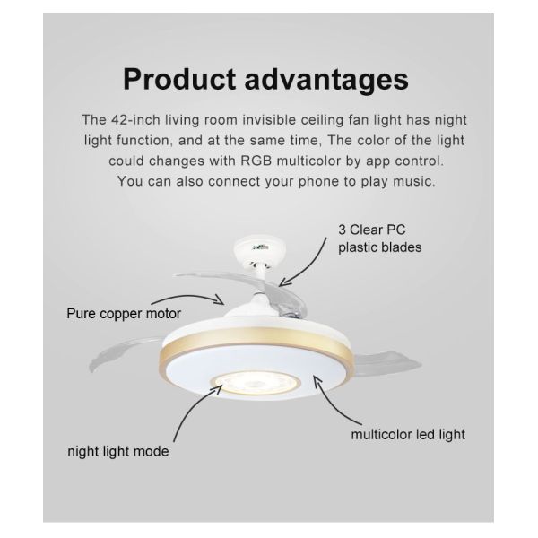 Fã de teto invisível do diodo emissor de luz de Smart RGB de 42 polegadas para o quarto