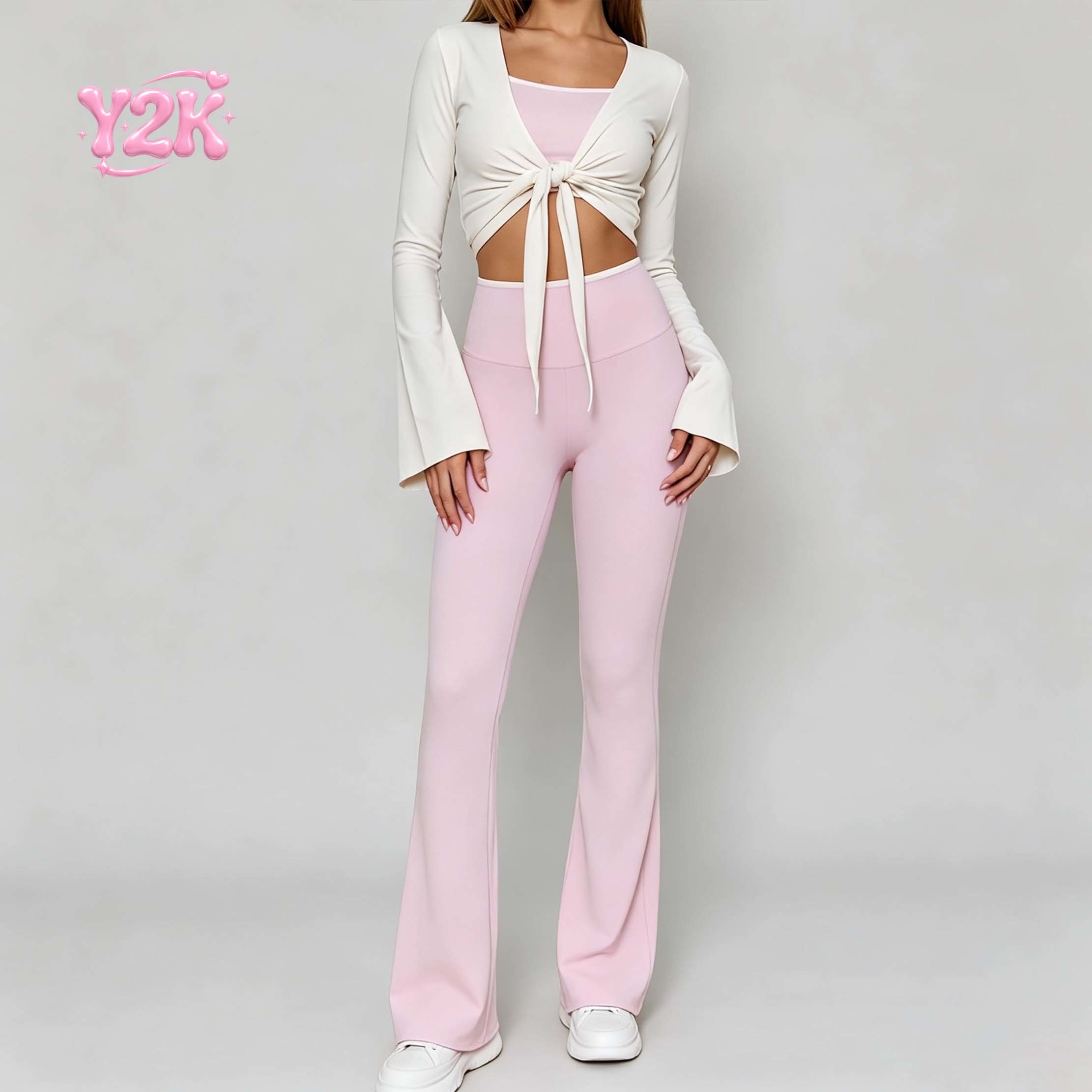 Custom Women's Wrap Crop Top Flare Pants Three Piece Set