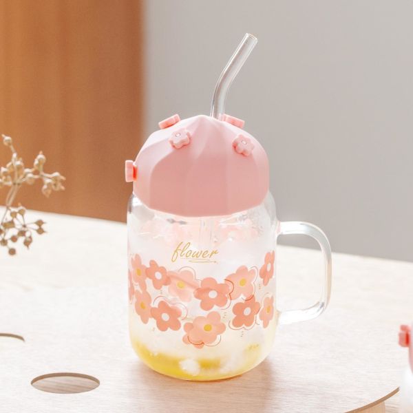High Appearance Level Cherry Blossom Glass Cup With Straw Silicone Lid Cute Flower Girl Drinking Cup