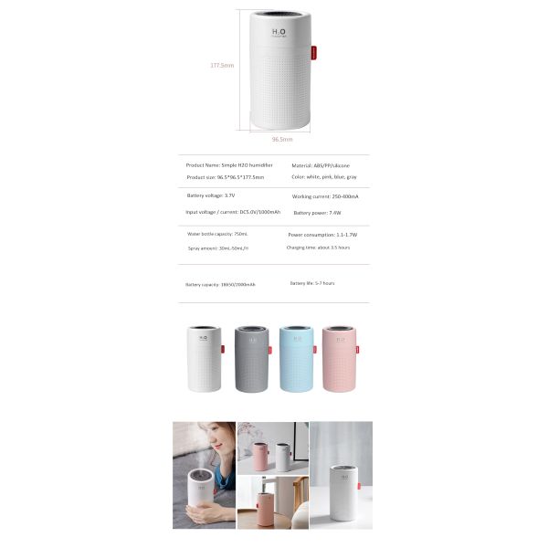 750ml Wireless USB Air Humidifier 2000mAh Battery Rechargeable Cool Mist Humidifier
