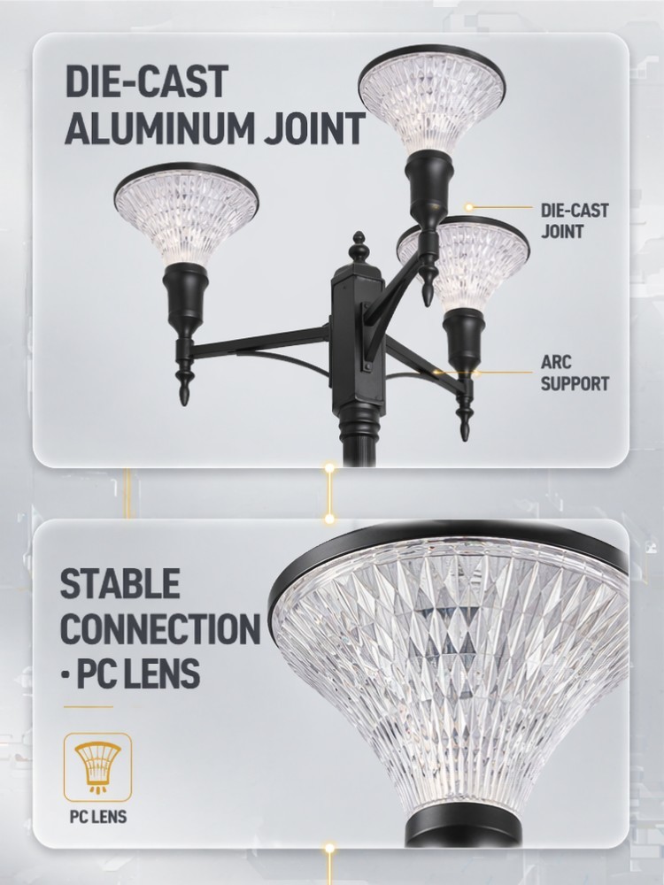 15W Triple Head Solar LED Garden Post Light IP65 Die Cast Aluminum Pole Lamp 3000K-6000K