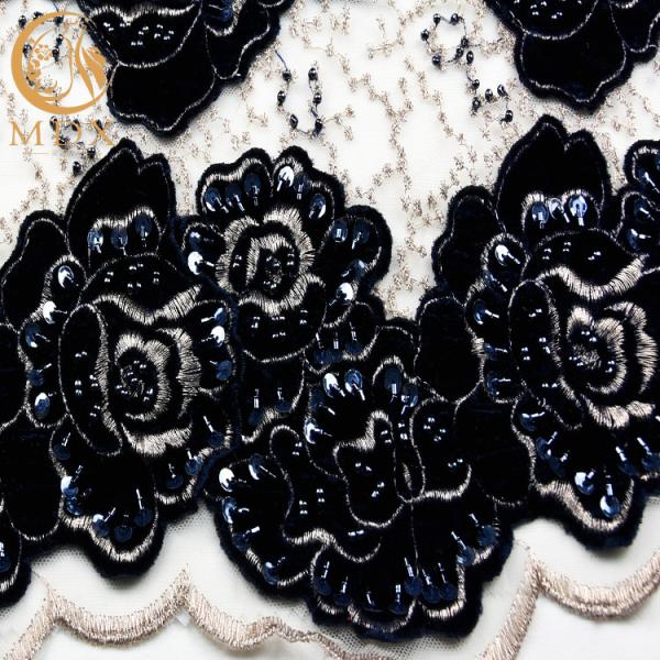 Embroidered Black Glitter Lace Fabric French Beaded For Bridal Dress