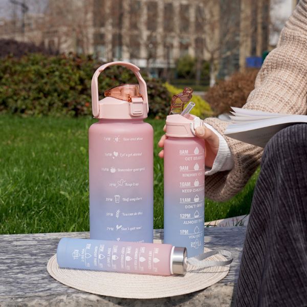 Unisex 3 in 1 Motivational Time Marker Gradient Color Water Bottle Set 2000ml 900ml 500ml