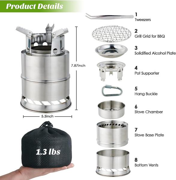 Mini Portable Wood Burning Stove, Camping Stove Foldable Stainless Steel Backpacking Cookware Rocket Stove