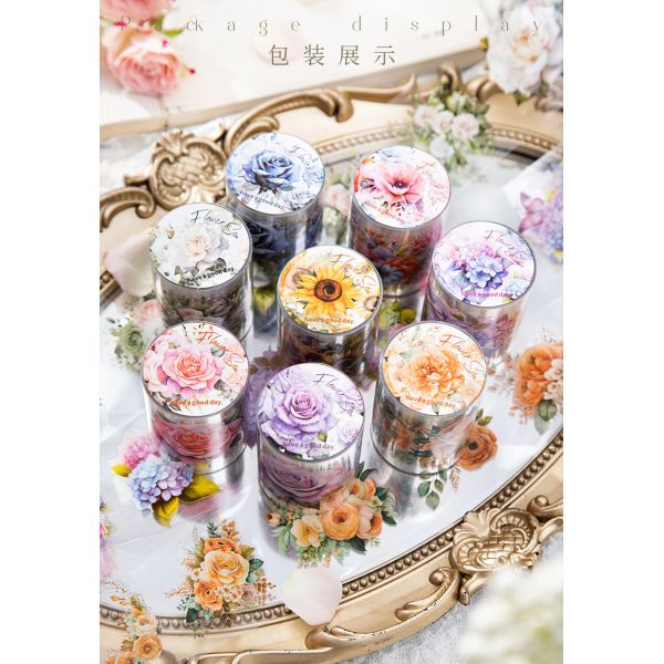 2M/Roll Flower Series PET Adhesive Tape Encounters with Sea Plant Hand Ledger DIY Material Decorative Circular Sticker 8 Styles