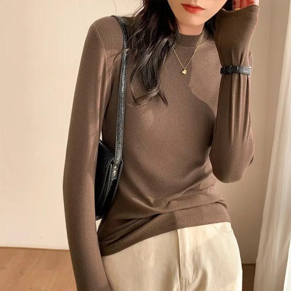                  2023 Long-Sleeved Tight T-Shirt Spring and Autumn Thread Cotton Solid Color Suit Inside Take Half High Neck Women′s Top T-Shirt             