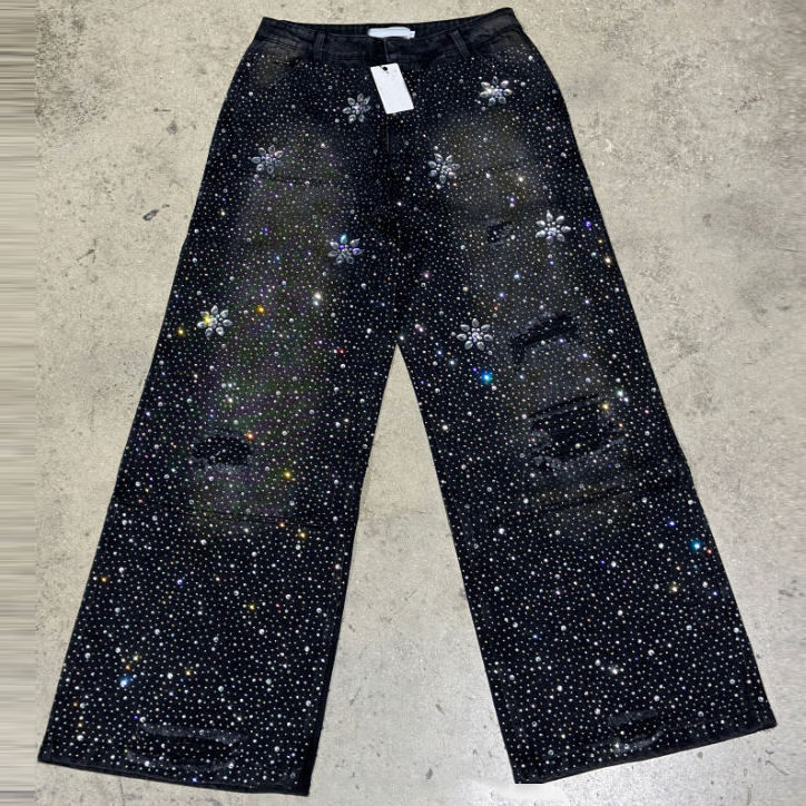 Wholesale Custom Rhinestone Diamonds Baggy Oversized Denim Men's Jeans Flared All Over Printing Outfits High Quality Pants Jeans