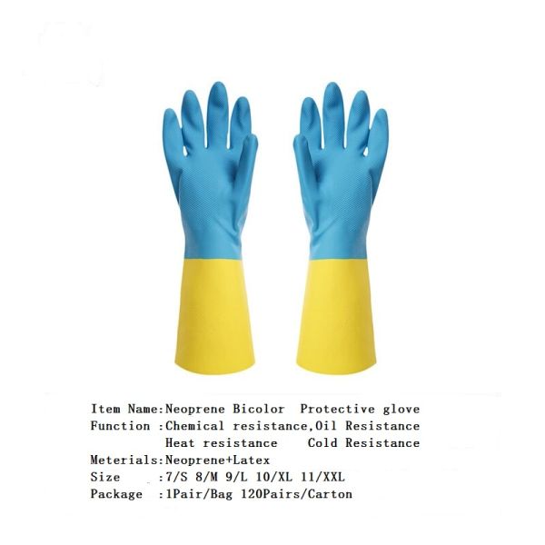 Bicolor Industrial Neoprene Chemical Gloves Heat Resistant Flock Lined Latex Gloves