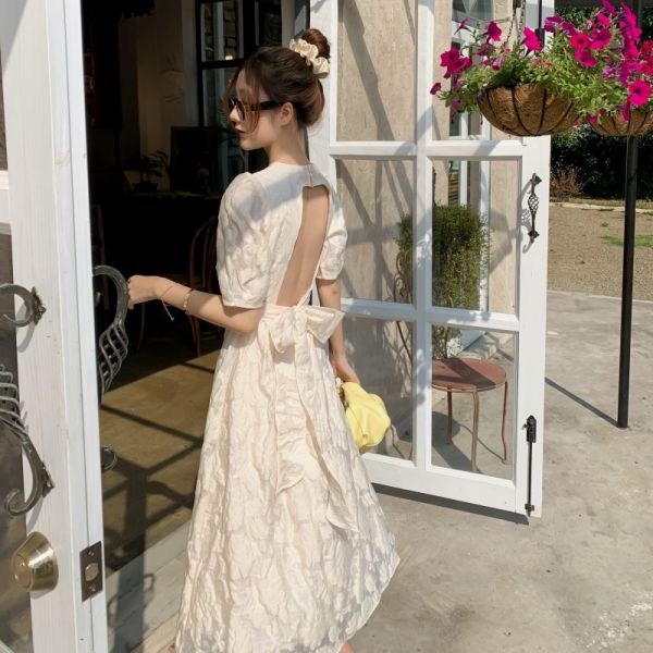 Back Tie Bow Waist Puff Sleeve A Line Dress