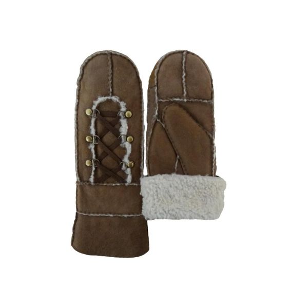 Wholesale Cheap Handsewn Patched Shearling Sheep Fur Lined Women Gloves Winter Warm Lambskin Scrap Leather Ladies Mitten