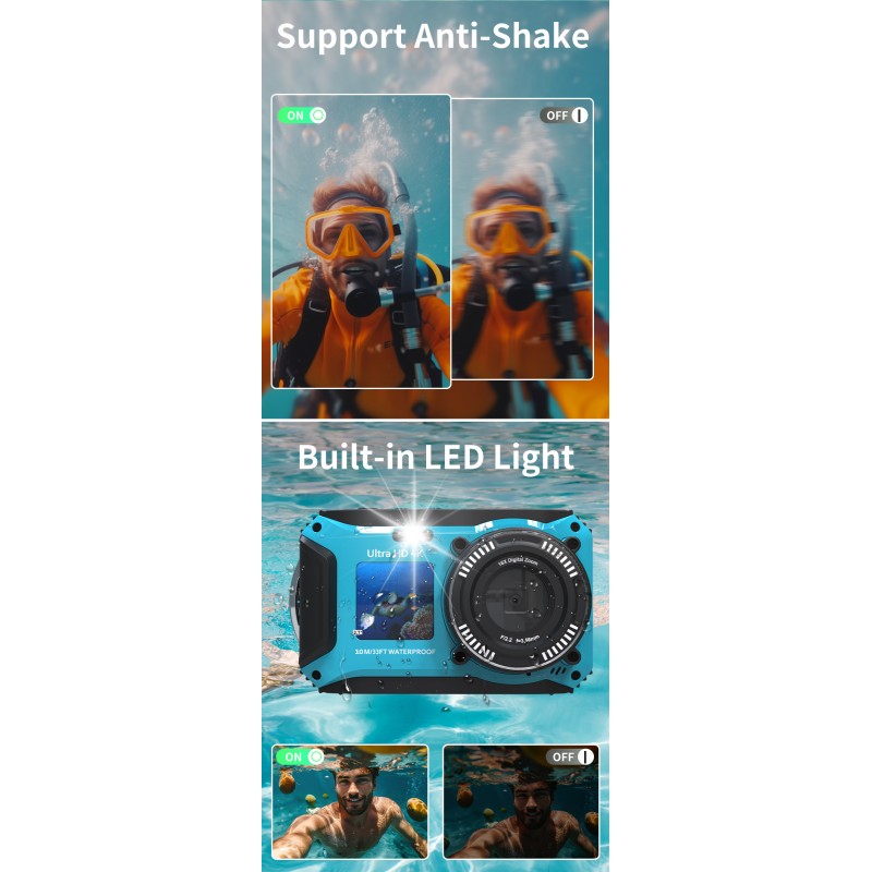 Vintage 4K 56MP Waterproof Digital Camera Dual Screen Anti Shake 16X Zoom LED Light for Swimming and Diving