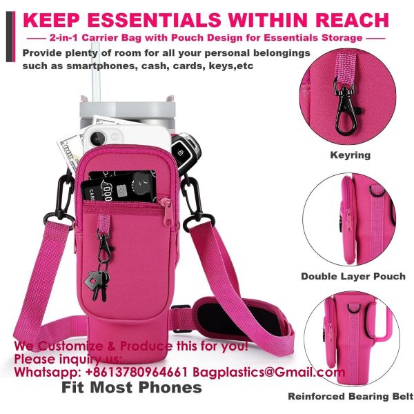 Water Bottle Carrier Bag With Phone Pocket For Stanley 40 & 30 Oz Tumbler With Handle,Pink Insulated Neoprene Cup
