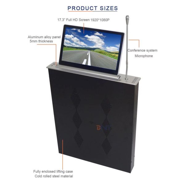 Conference Room Meeting Microphone Slim LCD Monitor Screen Motorized Lift 17.3 Inch 1080P Screen