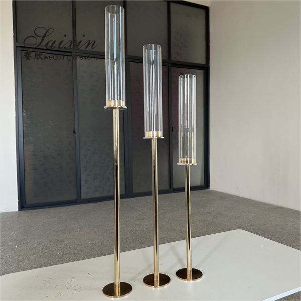 Длинный ствол ураганная колонна золотой свадебный свечник с трубками от дыма 3 шт.