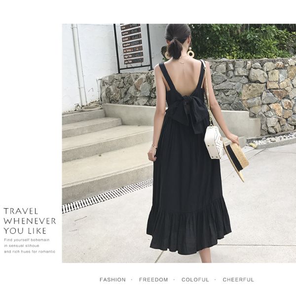 Summer Midi Womens Vacation Dresses Sleeveless Back With Bow