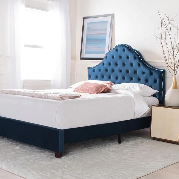 Navy velvet Luxury bed furniture Queen King Full size bed with tufts and nails design for Hotel Bedroom