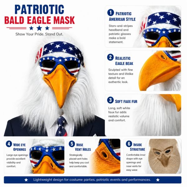 Realistic Full-Head Eagle Latex Mask with American Flag Headband, Perfect for Parties, Cosplay, Halloween, Costume Events, Festivals, Patriotic Celebrations, and Fun Dress-Up Occasions