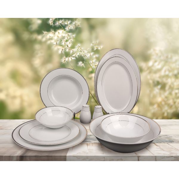 35pcs superwhite porcelain dinning set  with blue embossed flower and gold patterm