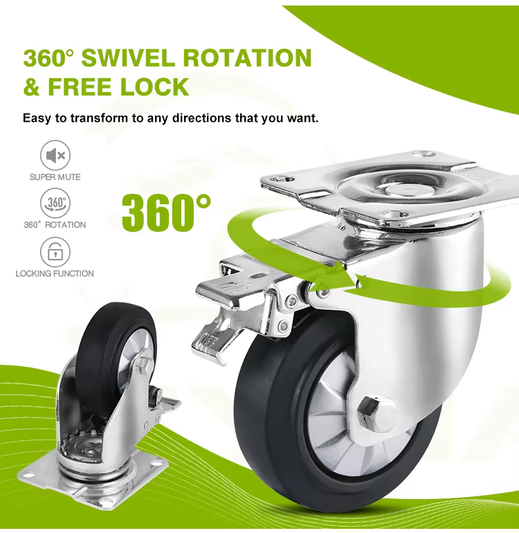 High Quality Industry Thermoplastic Rubber and Steel Caster Wheel Double Ball Bearing Swivel with Brake Mid Heavy Duty 5inch