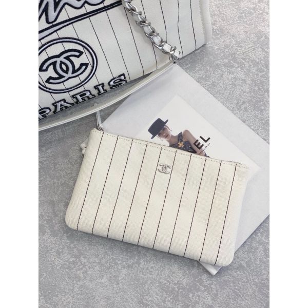 30cm 23P Chanel Deauville Tote Bag White Ecru Black Stripe