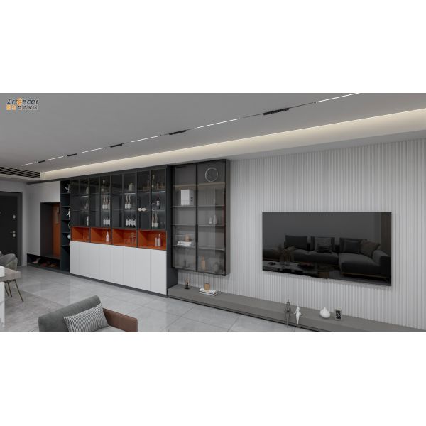 Современный роскошный телевизор и кофейный стол идеально подходят для хранения в гостиной.