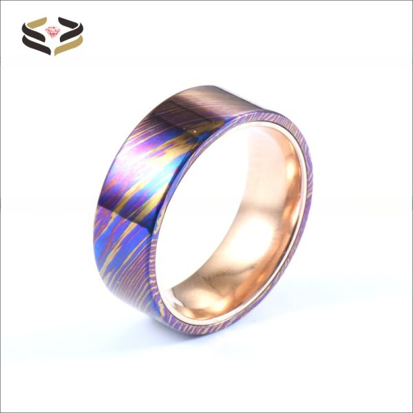 8mm Timascus Steel Ring with Rose Gold Titanium Inlay Add a Touch of Glamour to Your Look