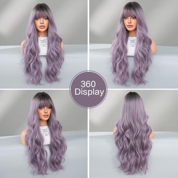 Fashion Long Body Wave Dark Root Hair Purple Synthetic Wigs For Women