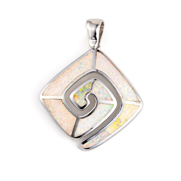 925  With Sterling Silver Greek  Key    Meander  Spiral Opal  Pendant Womens  Created Rainbow Opal Cocktail  Pendant