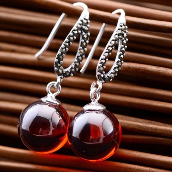 Thai Sterling Silver Marcasite Retro Earrings Synthetic Garnet Bead Drop Earring(053142)