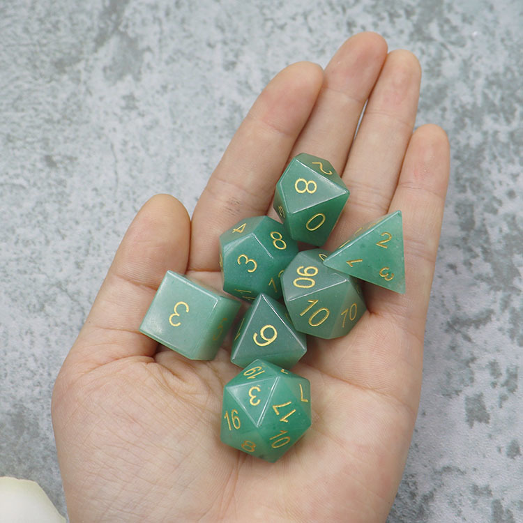 Natural Green Aventurine Gemstone Polyhedral Dice Set - Hand Carved DND Dice with Golden Ink Engraved Numbers