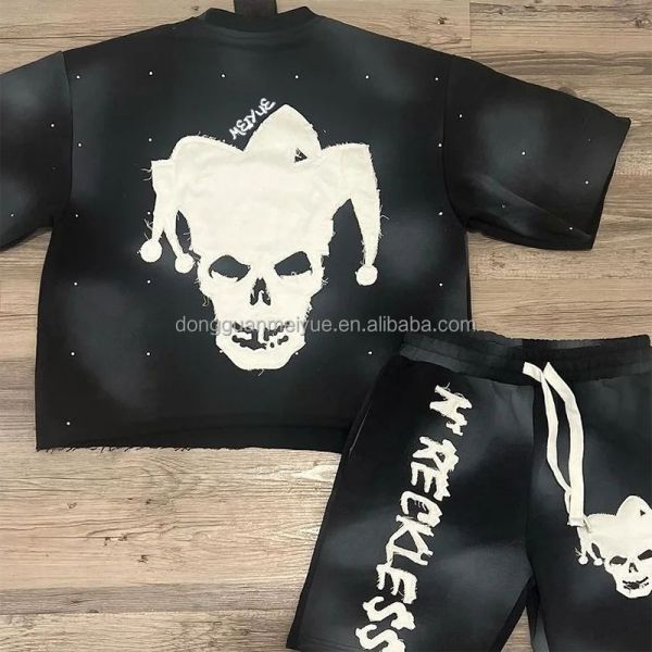 Applique d'été brodée patch de détresse Hoodie lavage à l'acide Shorts vintage T-shirt ensemble de 2 pièces court ensemble pour hommes Logo personnalisé