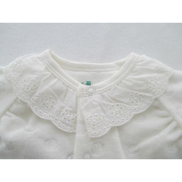 White Velour Baby Romper With Feet Embroidery Poplin Fabric Along Neckline Sleeve Cuff