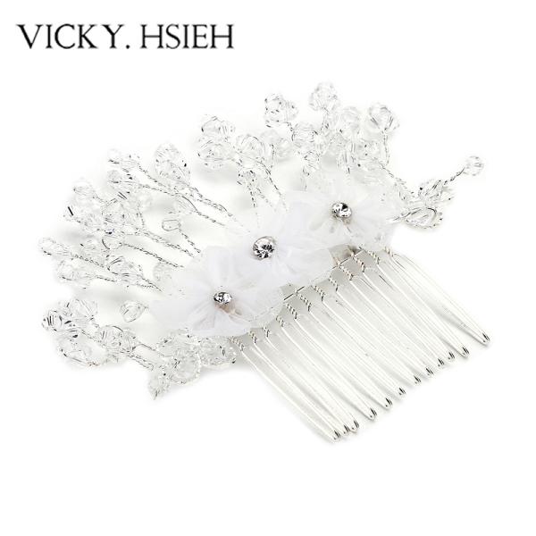 VICKY.HSIEH Silver Tone Floral Cluster Crystal Bead Combs Chinese Hair Accessories