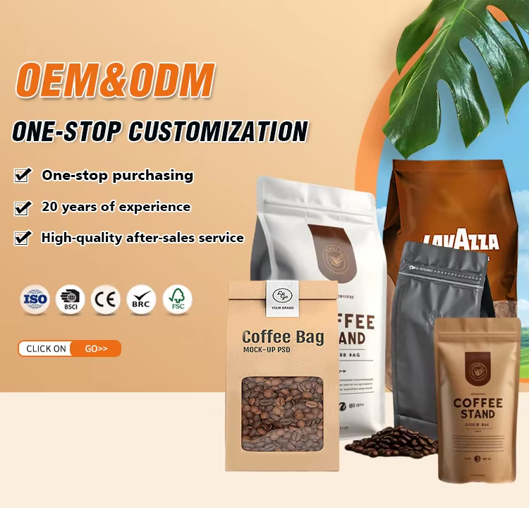 Custom Kraft Paper Coffee Bag Biodegradable Flat Bottom Coffee Bag Print logo Recyclable Bolsas De Cafe Ground Coffee Bean Bag