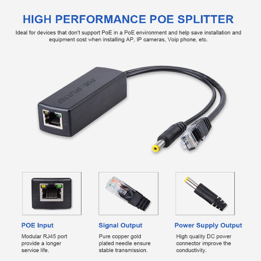 48V 12V IEEE 802.3af Compliant Active POE Splitter Adapter for CCTV 205mm Wire Length
