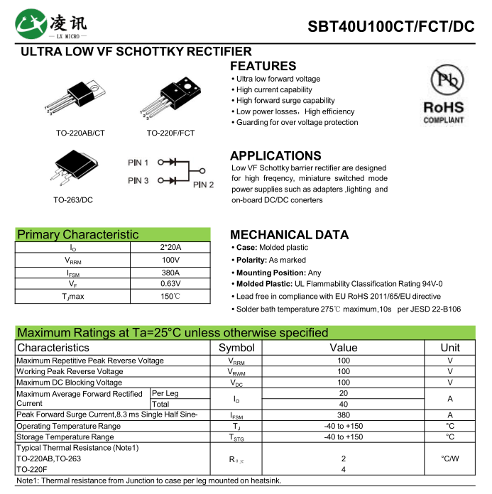 40A100V Ulta Low VF Schottky Diodes SBT40U100DC For Lighting And DC-DC Conerters