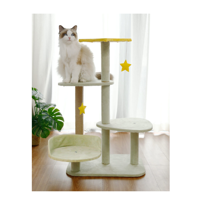 Yellow Stars and Sisal Post Plush Cat Climbing Frame in Light Green for All-Season Tree