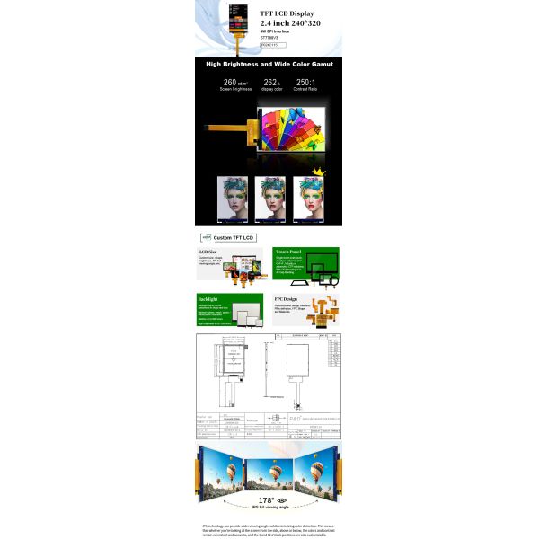 Polcd 240x320 Led Backlit Tft Lcd Display 2,4 дюйма LCM 260 Нит Яркость Lcm Панель