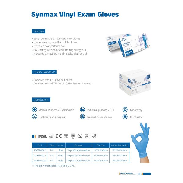BASIC SYNMAX ASTM D5250 Vinyl Blue Examination Gloves Powder Free