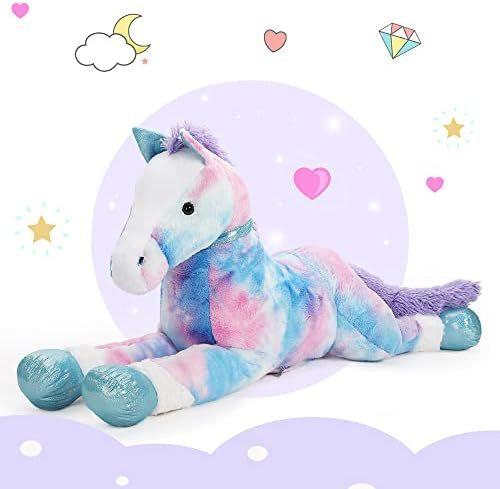 MorisMos 4ft Blue Giant Horse Stuffed Animal 47inches Soft Plush Pillow PP Filled Large Cotton Toy Unisex Kids Girls Gift