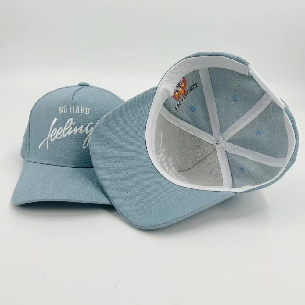 Custom A frame Denim Baseball Caps Fabric 3D Embroidered 5 pane Deniml Two tone