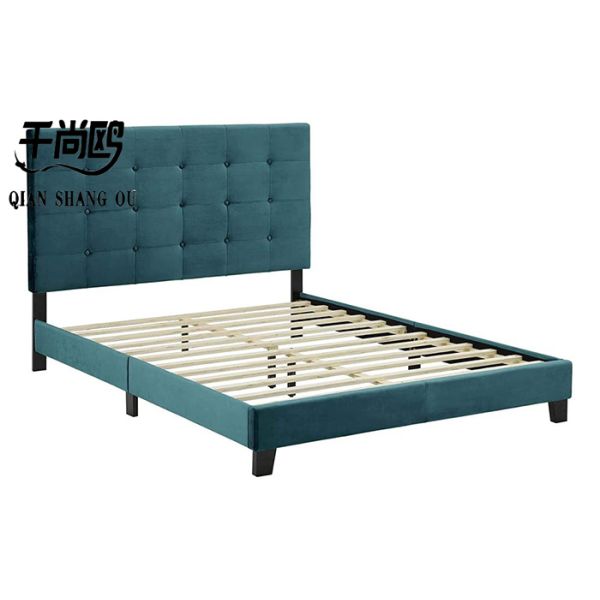 Blue Velvet Upholstered King Bed , Tufted King Platform Bed