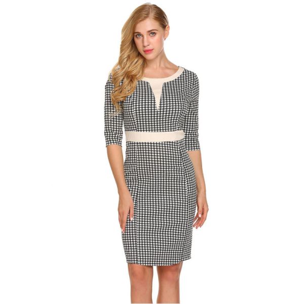 Customizable Gingham Check Office Dress Spandex Polyester